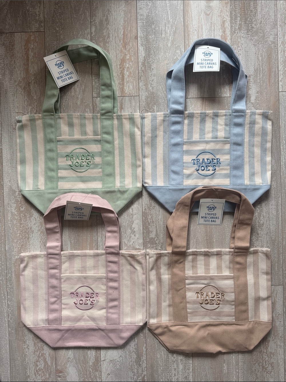 Trader Joe's Striped Mini Canvas Tote Bags - Blue, Green, Pink, & Tan